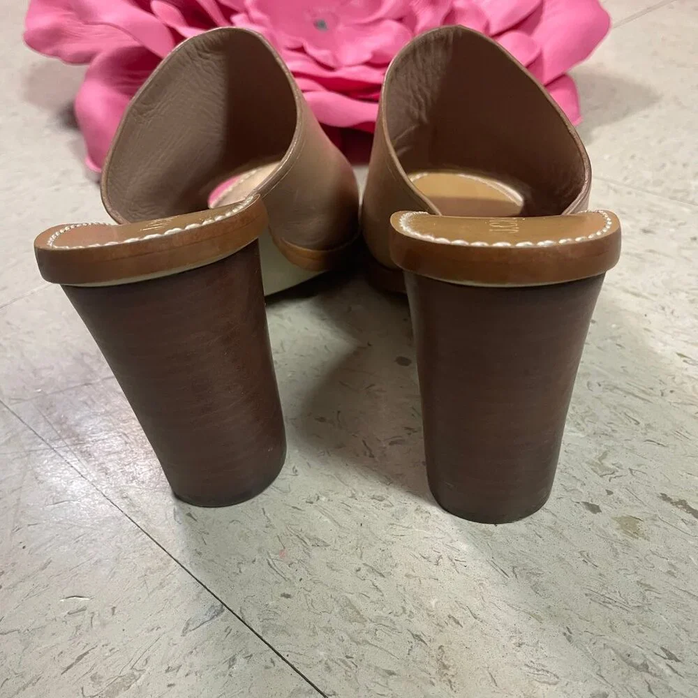J CREW Nude/Beige MARLOW Leather Block Heeled Open‎ Toe Mules Sandals